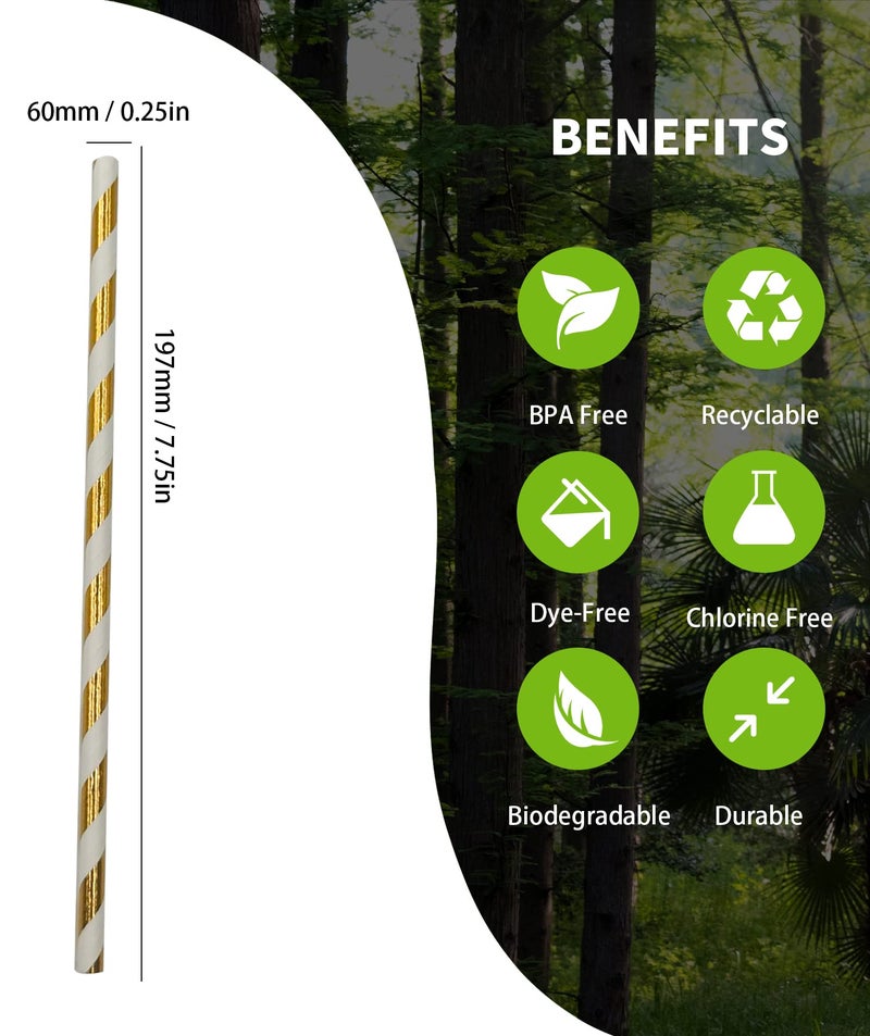BOFA Eco Tableware Clinquant Gold Lightful Stripes Paper Straws, Christmas Weddings Decoration Party Drinking Straws, 100 Pcs Disposable Gold Striped Straw in Kraft Box - Image 3